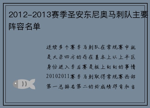 2012-2013赛季圣安东尼奥马刺队主要阵容名单